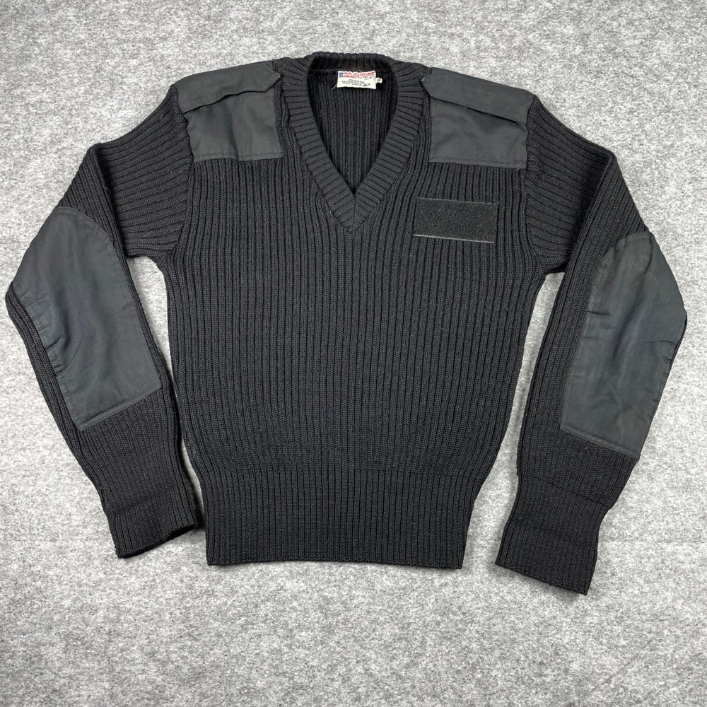 VTG Jack Young Sweater Womens XL Black Wool V-Neck Military Commando Patches USA